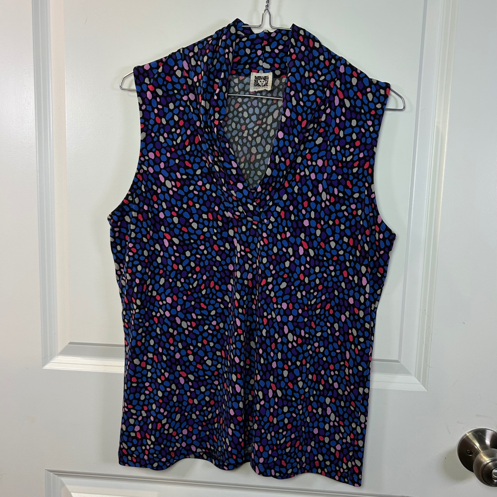 Anne Klein Womens Sleeveless V-Neck Cowl Shell Mosaic Print Blouse M